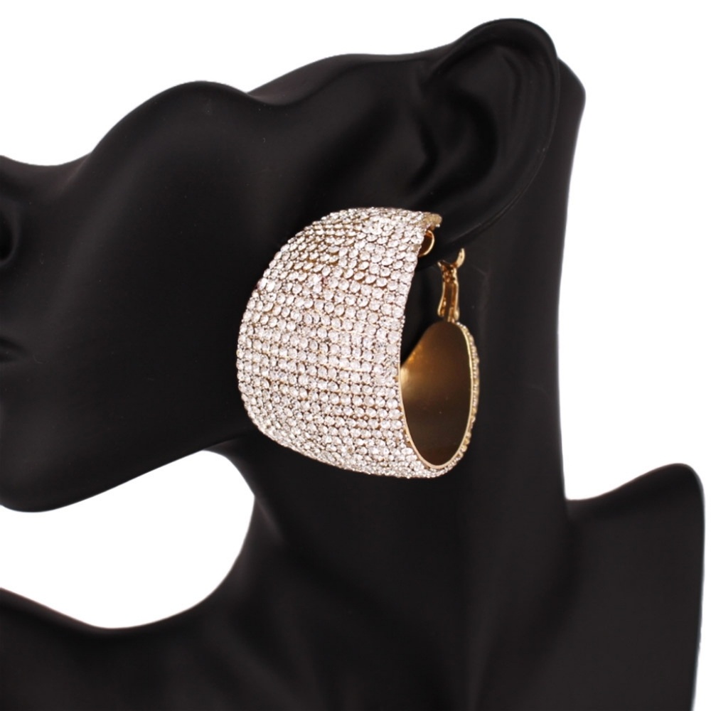Gold Crystal Hoop Earrings Wide Bold 1.75" Trend Fashion Statement Accessory